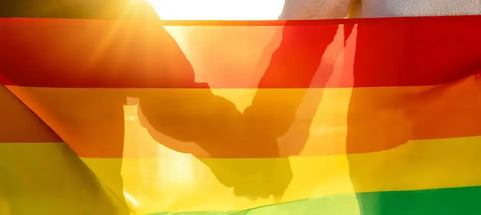 Rainbow flag with LGBTIQA+ couple holding-hands