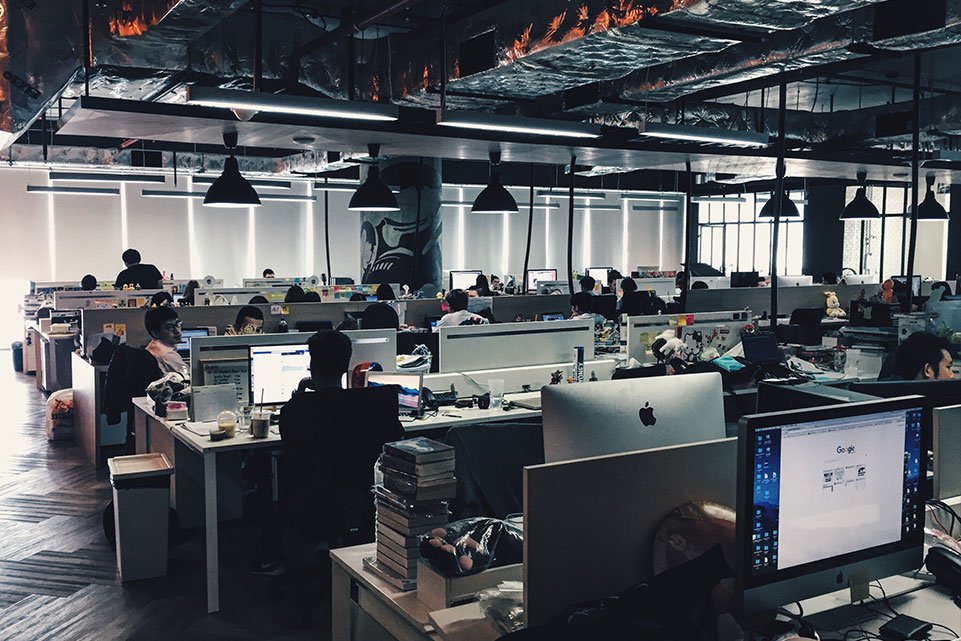 Open plan office with computers